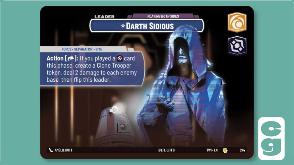 Palpatine Sidious Showcase Leader Card from Star Wars Unlimited on its Sidious side