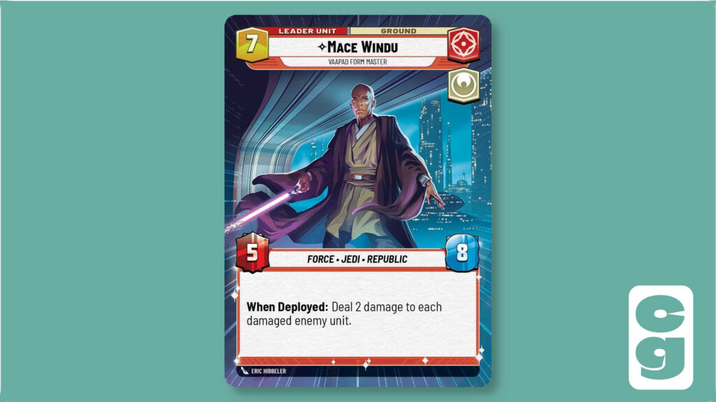 Mace Windu Showcase Leader Card from Star Wars Unlimited on its Unit side