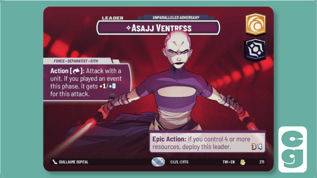 Asajj Ventress Showcase Leader Card from Star Wars Unlimited on its leader side