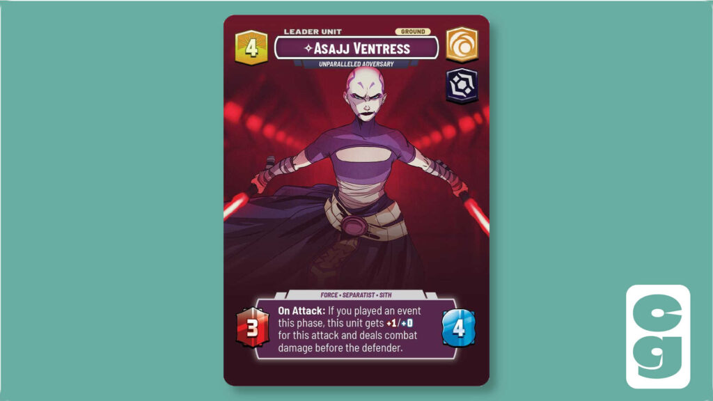 Asajj Ventress Showcase Leader Card from Star Wars Unlimited on its unit side