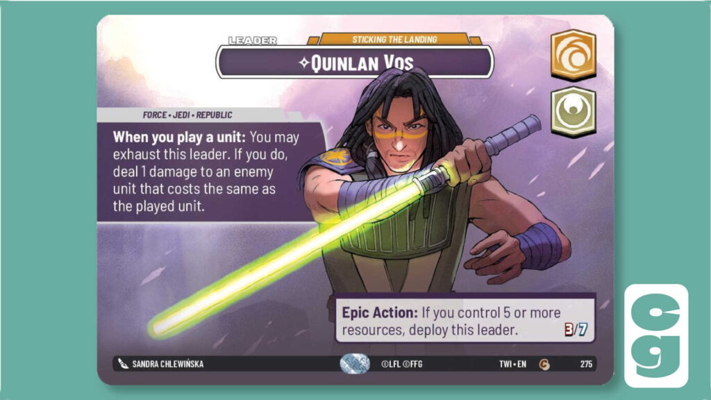 Quinlan Vos Showcase Leader Card from Star Wars Unlimited on its leader side