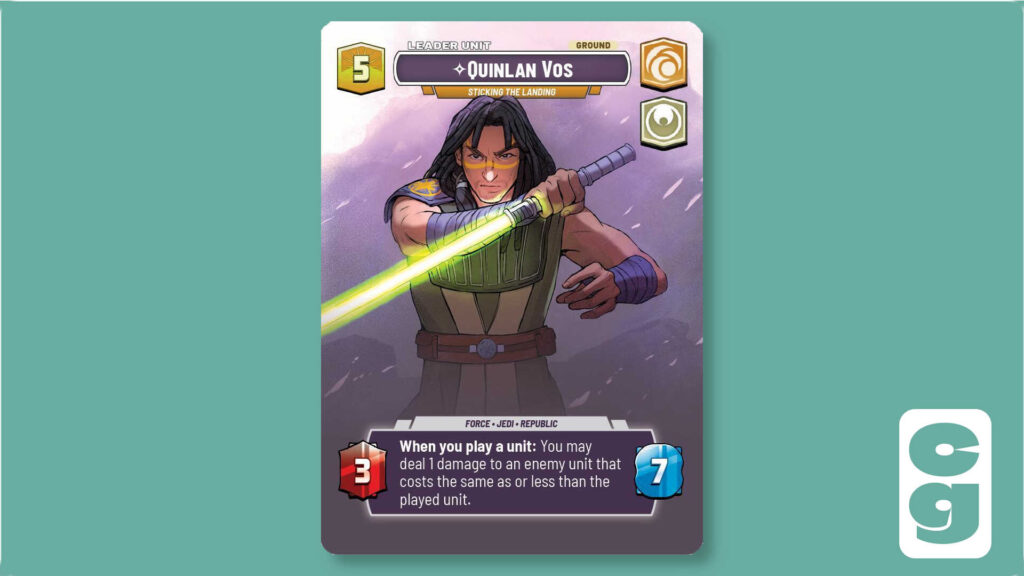 Quinlan Vos Showcase Leader Card from Star Wars Unlimited on its unit side