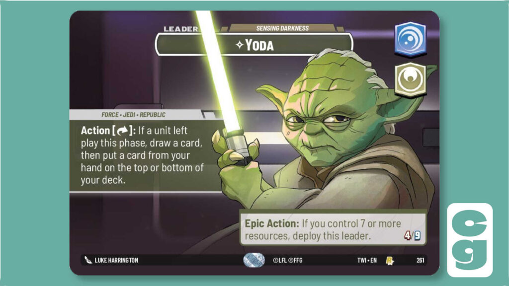 Yoda Showcase Leader Card from Star Wars Unlimited on its Leader side