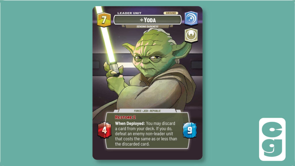 Yoda Showcase Leader Card from Star Wars Unlimited on its unitside