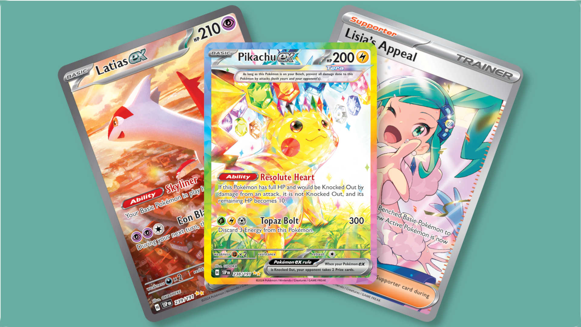 Three cards from the Surging Sparks Pokémon set: Latias ex, Pikachu ex and Lisia's Appeal, fanned out.