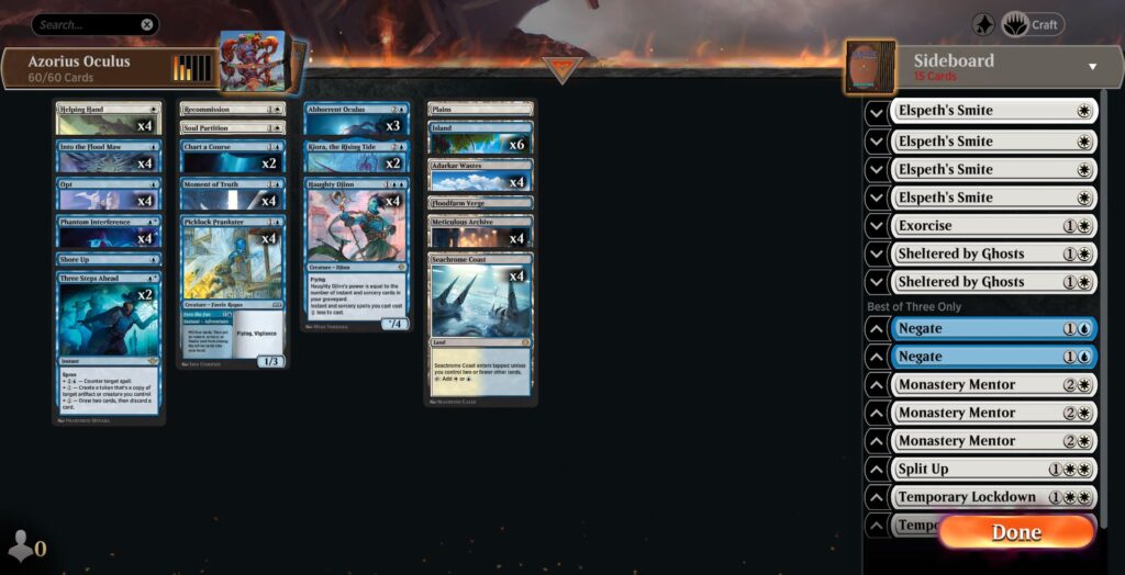 A screenshot of the Azorius Oculus standard deck in Magic Arena.