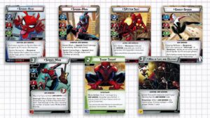 Marvel Champions Heroes: Spider-Ham, Spider-Man, SP//DR, and Ghost-Spider. Additional staples, below.