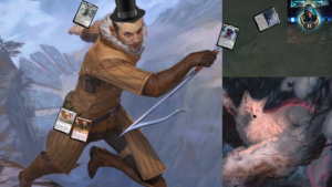 Three images stitched together to make it look like Mila and Lukka are throwing cards from the decklist at Jace's Arena avatar. The cards inclue the Eldrazi Titans and the boros colored ancient dragons