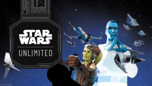 The key art for Star Wars Unlimited set 4, Jump to Lightspeed. Hera Syndulla and Grand Admiral Thrawn can be seen, with starships in the background of deep space.