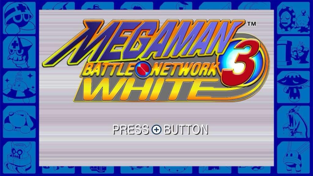 The title screen for Megaman Battle Network 3, White version, released by Konami for the Game Boy Advance handheld system in 2002. Credit: Capcom