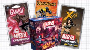 The Gambit, Wolverine, and X-23 Hero packs, surrounding the NeXt Evolution Box.