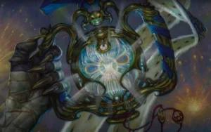 The Aetherspark, a depiction of a trophy with a glowing white liquid inside. A hand grips it from first person perspective.