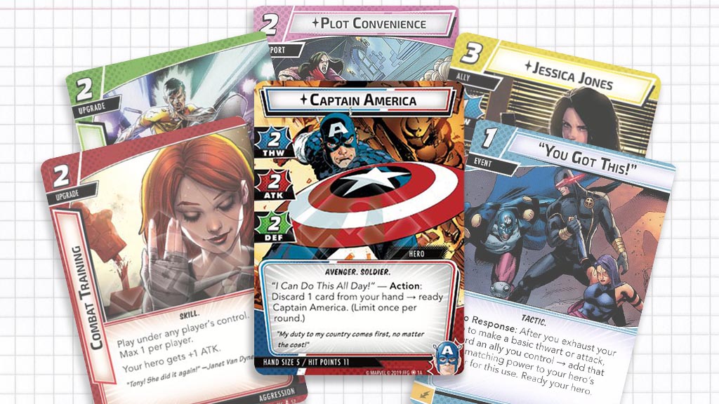 Captain America surrounded by cards of each aspect.
