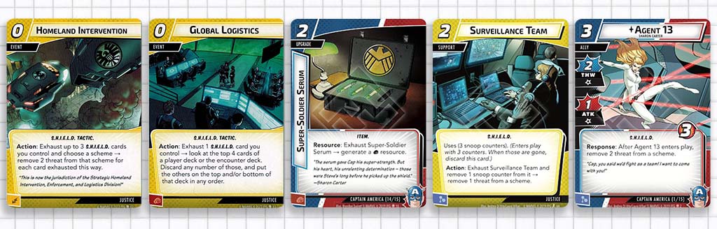 New hand from example game: Homeland Intervention, Global Logistics, Super-Soldier Serum, Surveillance Team, and Agent 13.