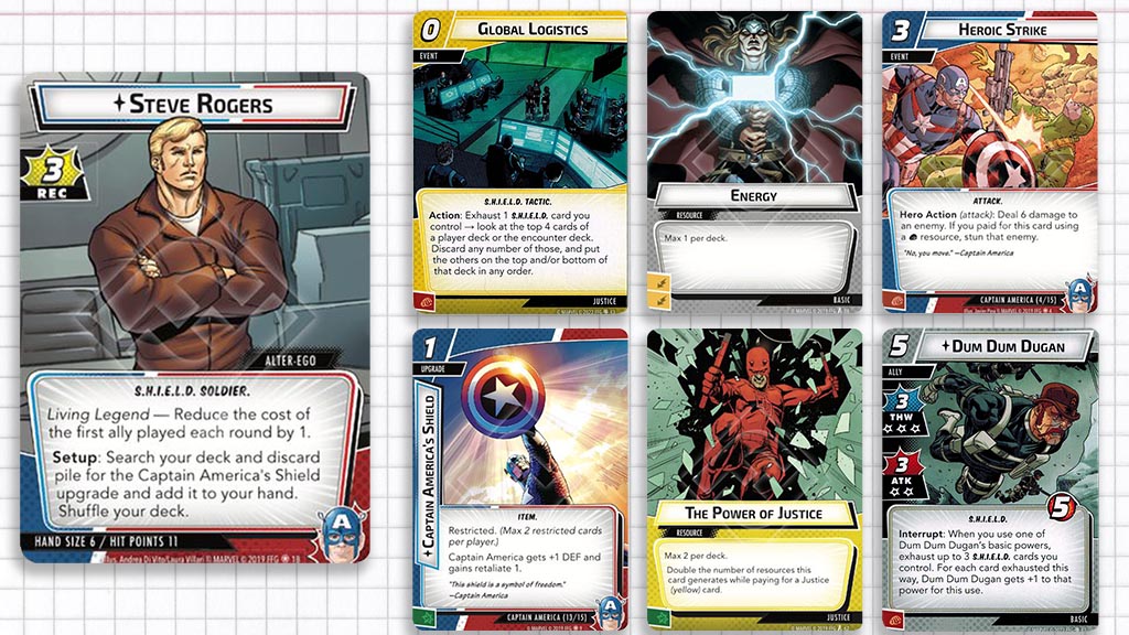 An example opening hand for Steve Rogers. With Global Logistics, Energy, Heroic Strike, Cap's Shield, The Power of Justice, and Dum Dum Dugan