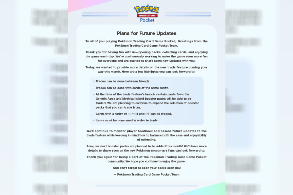 The official Pokémon TCG Pocket Twitter account has put out a statement regarding trading mechanics.