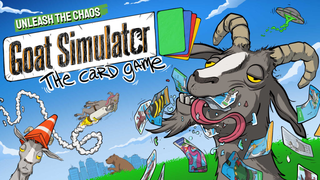 The promo image for Goat Simulator The Card Game, showing goats engaging in chaotir behavior such as eating cards, wearing traffic cones and using jetpacks.