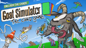 The promo image for Goat Simulator The Card Game, showing goats engaging in chaotir behavior such as eating cards, wearing traffic cones and using jetpacks.