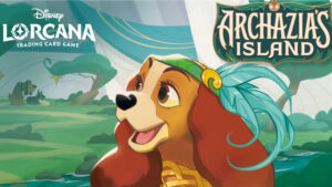 Lady from Lady and the Tramp, in front of a green landscape and the Disney Lorcana/Archazia's Island logos