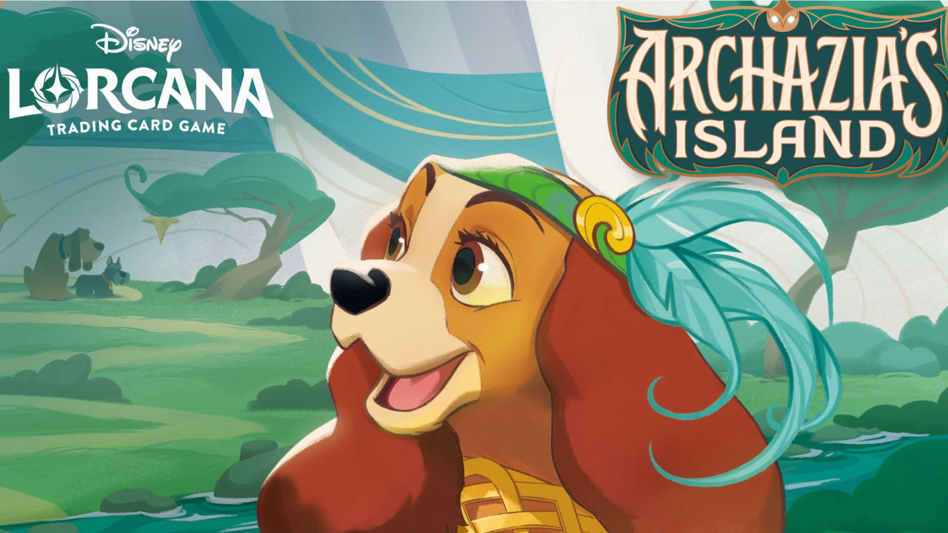 Lady from Lady and the Tramp, in front of a green landscape and the Disney Lorcana/Archazia's Island logos