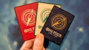 One Piece Card Game backs, showing each of the colors: red, white and blue
