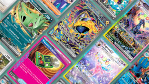 Cards from the Pokémon Prismatic Evolutions set arranged in a grid pattern