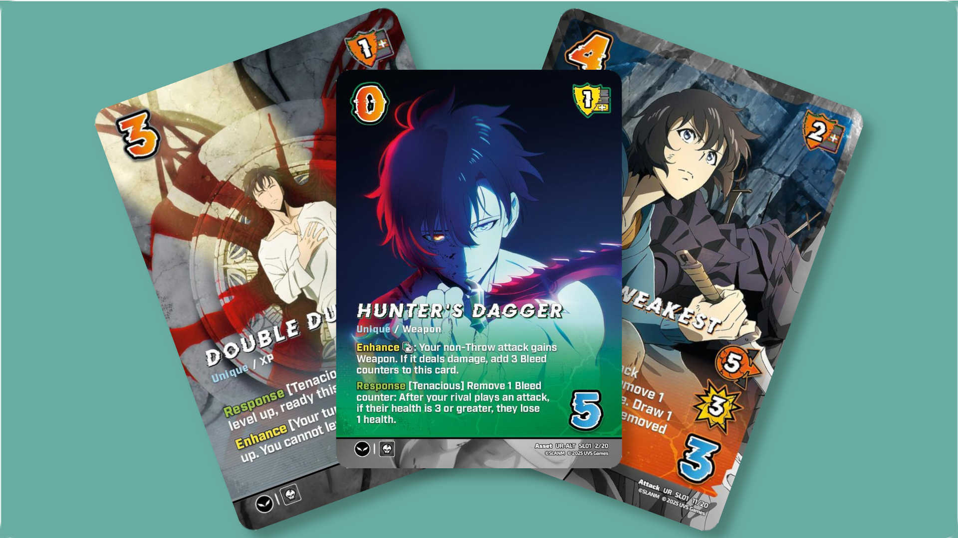 Three Solo Leveling UniVersus cards, fanned out