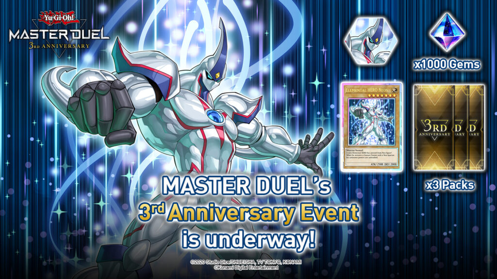 Some of the rewards presented for the 3rd Anniversary of Yu-Gi-Oh Master Duel. Image credit: Konami
