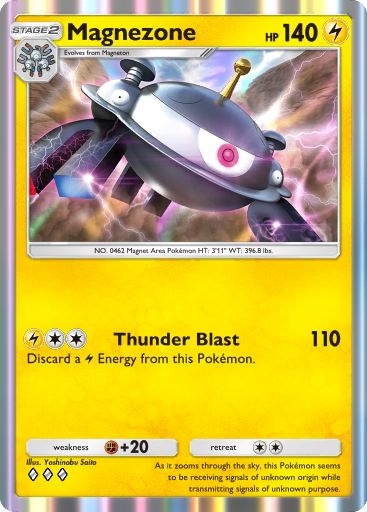 Magnezone, a new card from Space-Time Smackdown and the key to the Thunderclap deck for Pokémon TCG Pocket. Illustrated by Yoshinobu Saito.