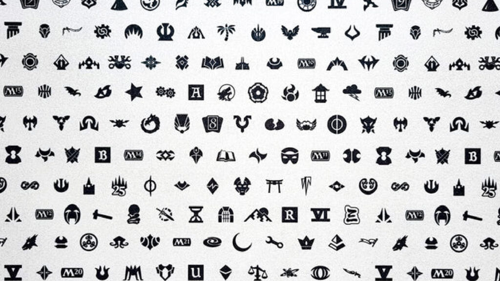 A display of Magic: The Gathering set symbols from a playmat celebrating Magic's 30th Anniversary. Image credit: UltraPRO