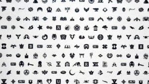A display of Magic: The Gathering set symbols from a playmat celebrating Magic's 30th Anniversary. Image credit: UltraPRO