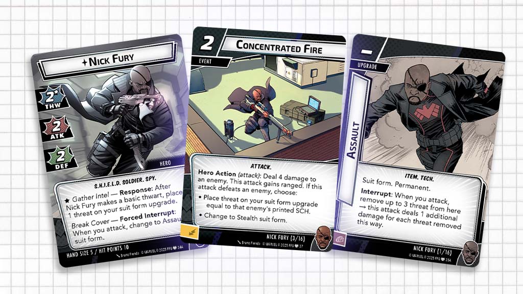 Concentrated Fire, surround by the new Nick Fury hero and the Assault Suit upgrade.