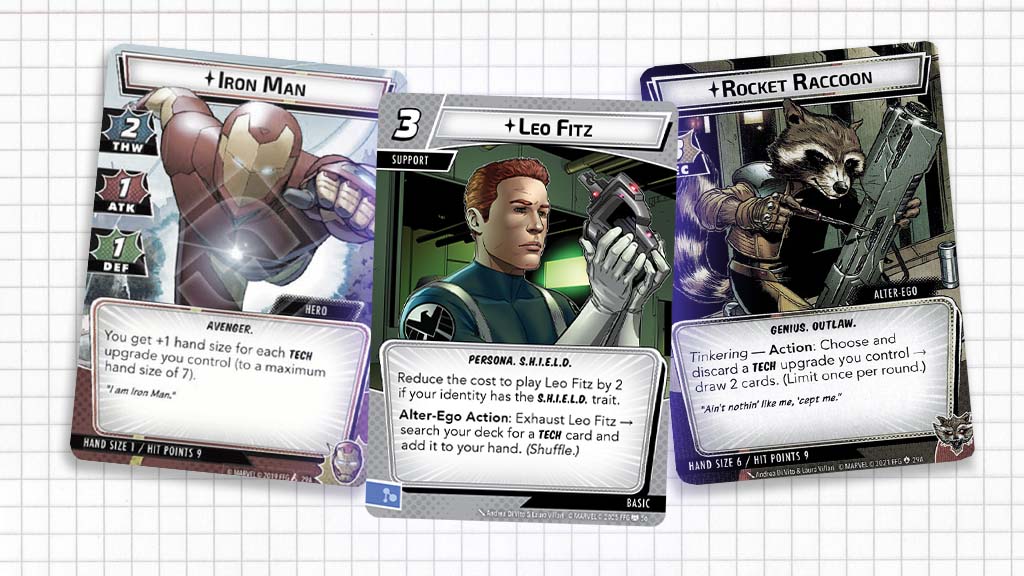 New card: Leo Fitz, surrounded by Tech loving Iron Man hero and Rocket Raccoon alter-ego. 