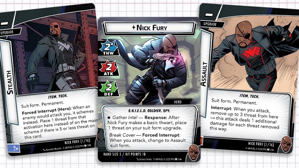 The Nick Fury hero, along with both sides of his suit upgrade: Stealth and Assault 