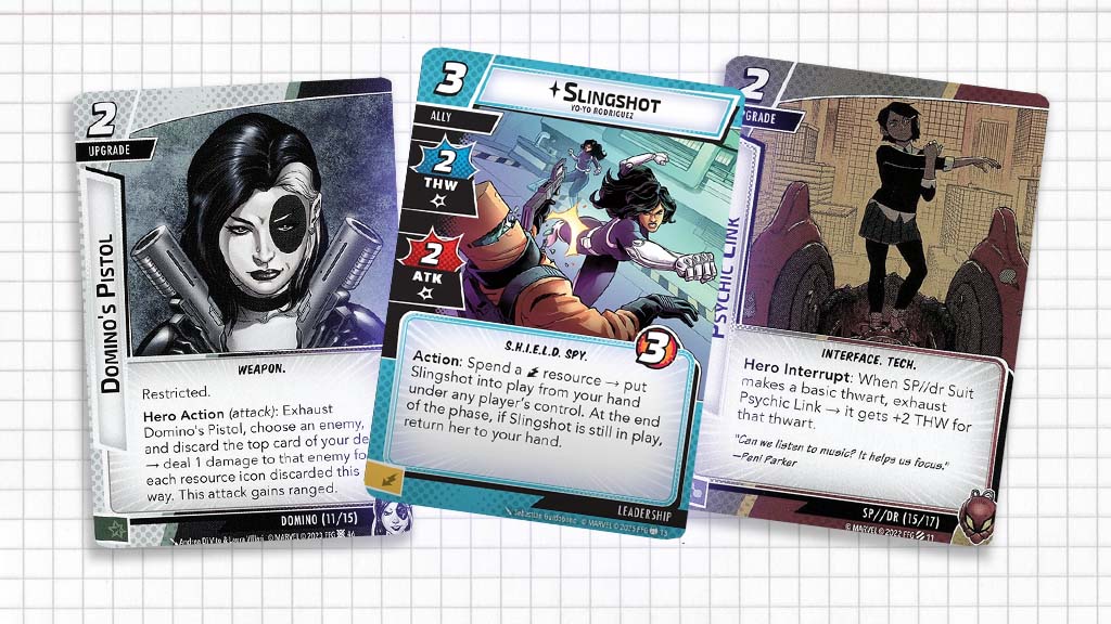 New card: Slingshot. Surrounded by Domino's Pistol and Psychic Link.