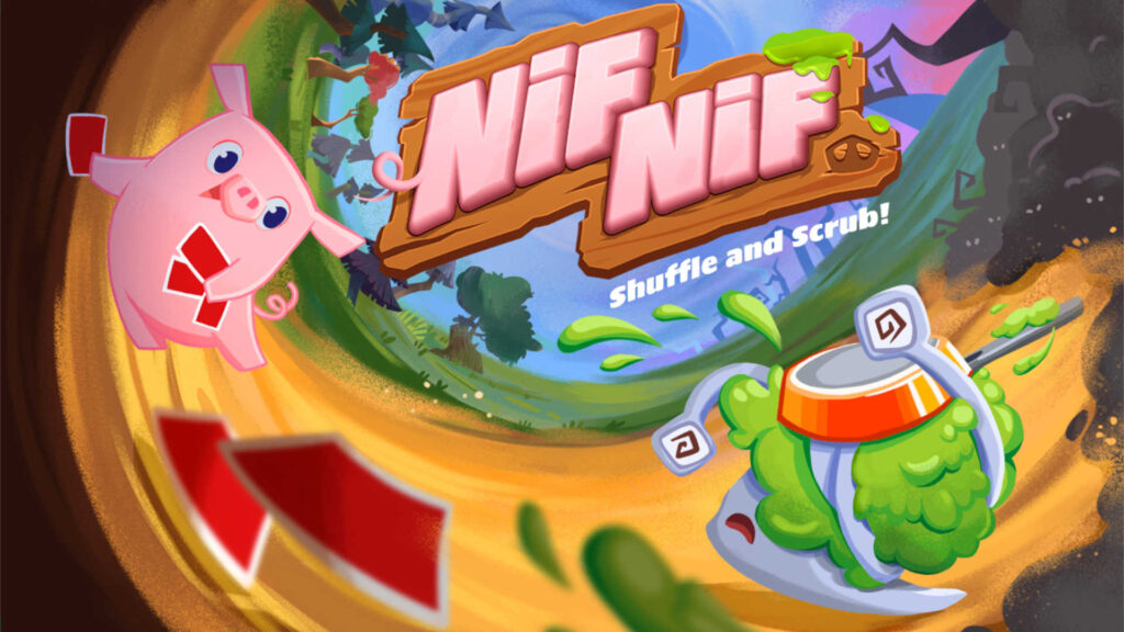 The Nif Nif logo and cover art, showing Nif Ni the pig facing off against a corrupted snail using his cards, in a dynamic action scene.