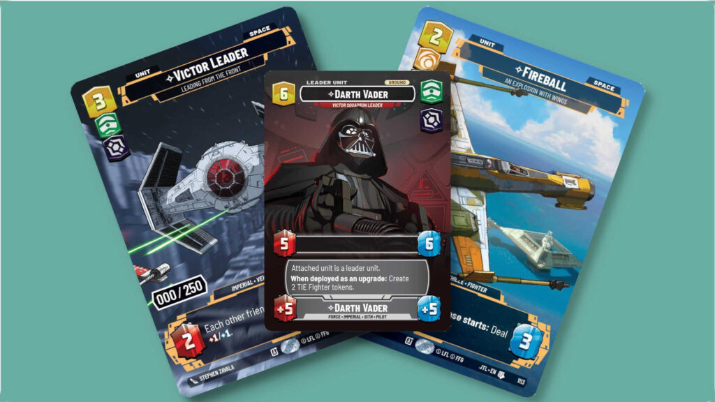 Three cards from Star Wars Unlimited: Jump to Lightspeed