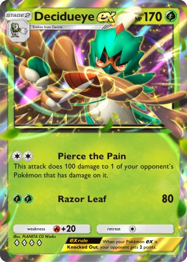 Decidueye ex, a card from the new Celestial Guardians pack from Pokémon TCG Pocket. Illustrated by PLANETA CG Works.