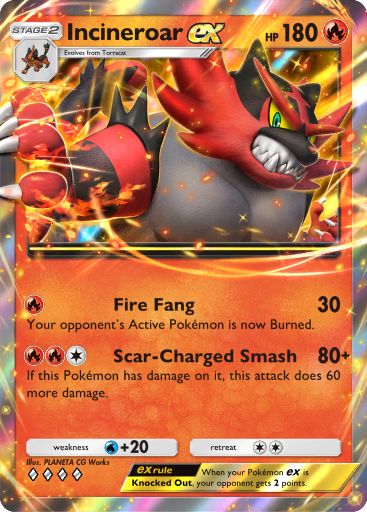 Incineroar ex, a card from the new Celestial Guardians pack from Pokémon TCG Pocket. Illustrated by PLANETA CG Works.