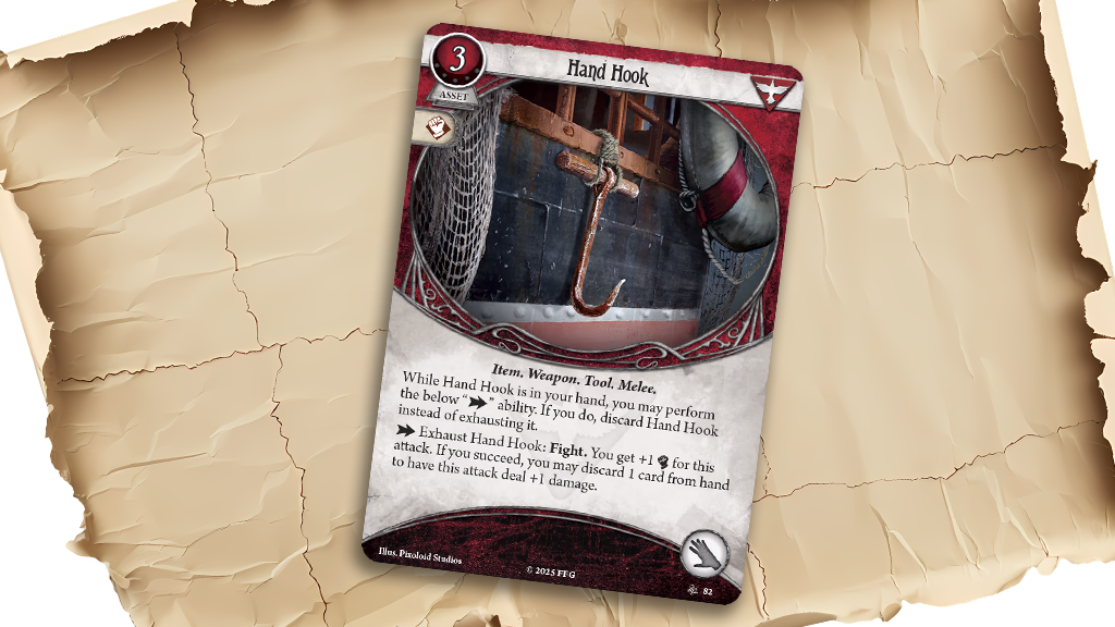 Hand Hook. One of three cards in The Drowned City that allow you use their fight, investigate, or evade action from your hand.