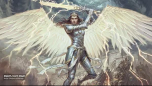 Elspeth in armor with angel wings and a sword over her head.