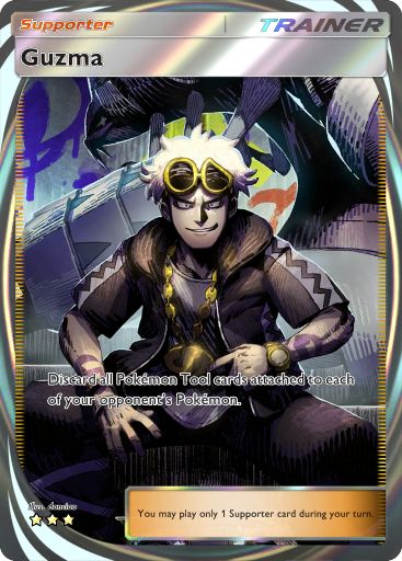 Guzma, a Supporter card for Celestial Guardians. Illustrated by danciao. Image credit: The Pokémon Company