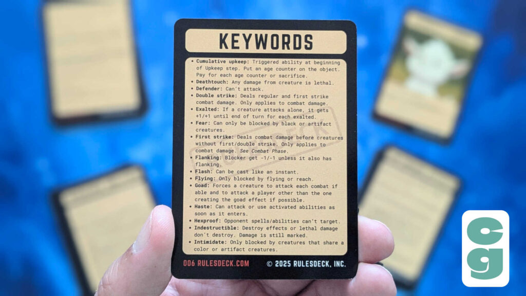 The keywords card from RulesDeck