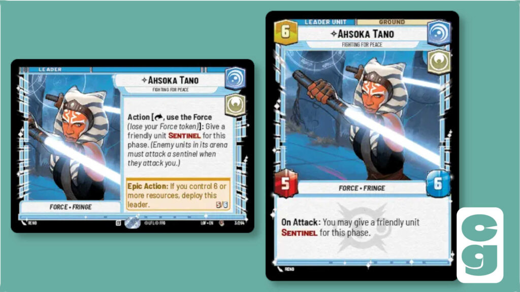 Both sides of the Ahsoka leader card from Star Wars Unlimited, Legends of the Force