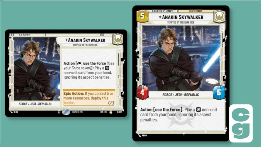 Both sides of the Anakin Skywalker leader card from Star Wars Unlimited, Legends of the Force