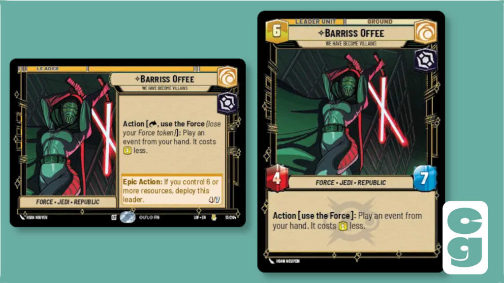 Both sides of the Barriss Offee leader card from Star Wars Unlimited, Legends of the Force