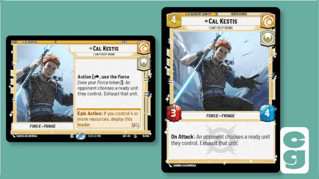 Both sides of the Cal Kestis leader card from Star Wars Unlimited, Legends of the Force