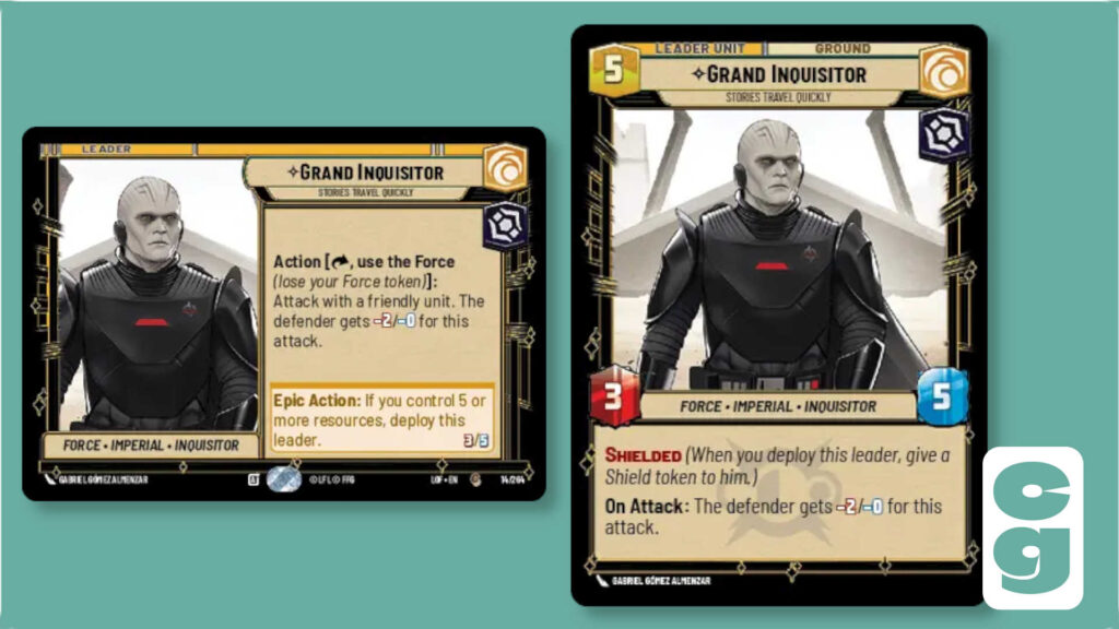 Both sides of the Grand Inquisitor leader card from Star Wars Unlimited, Legends of the Force