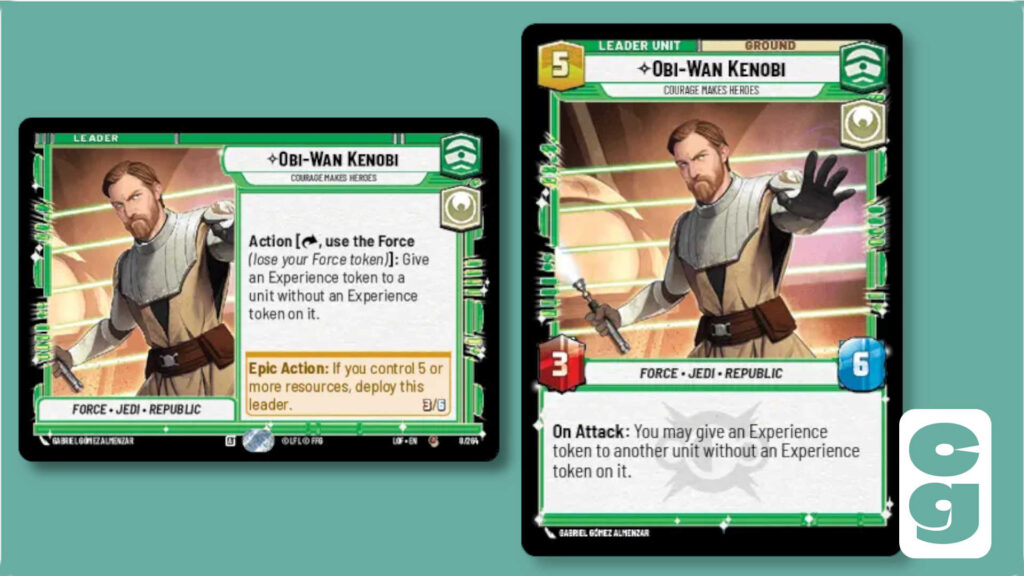 Both sides of the Obi-Wan Kenobi leader card from Star Wars Unlimited, Legends of the Force