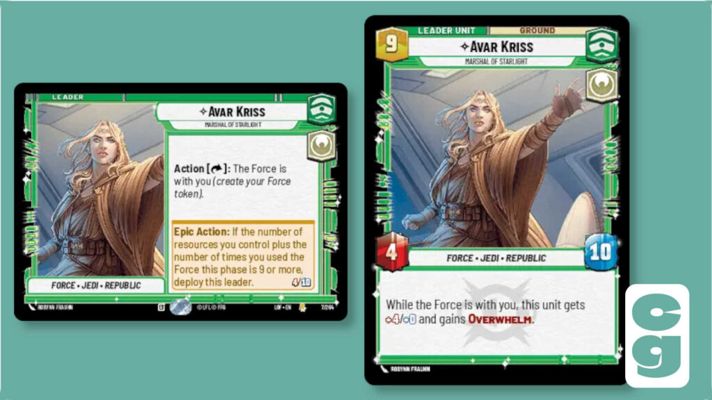 Both sides of the Avar Kriss leader card from Star Wars Unlimited, Legends of the Force